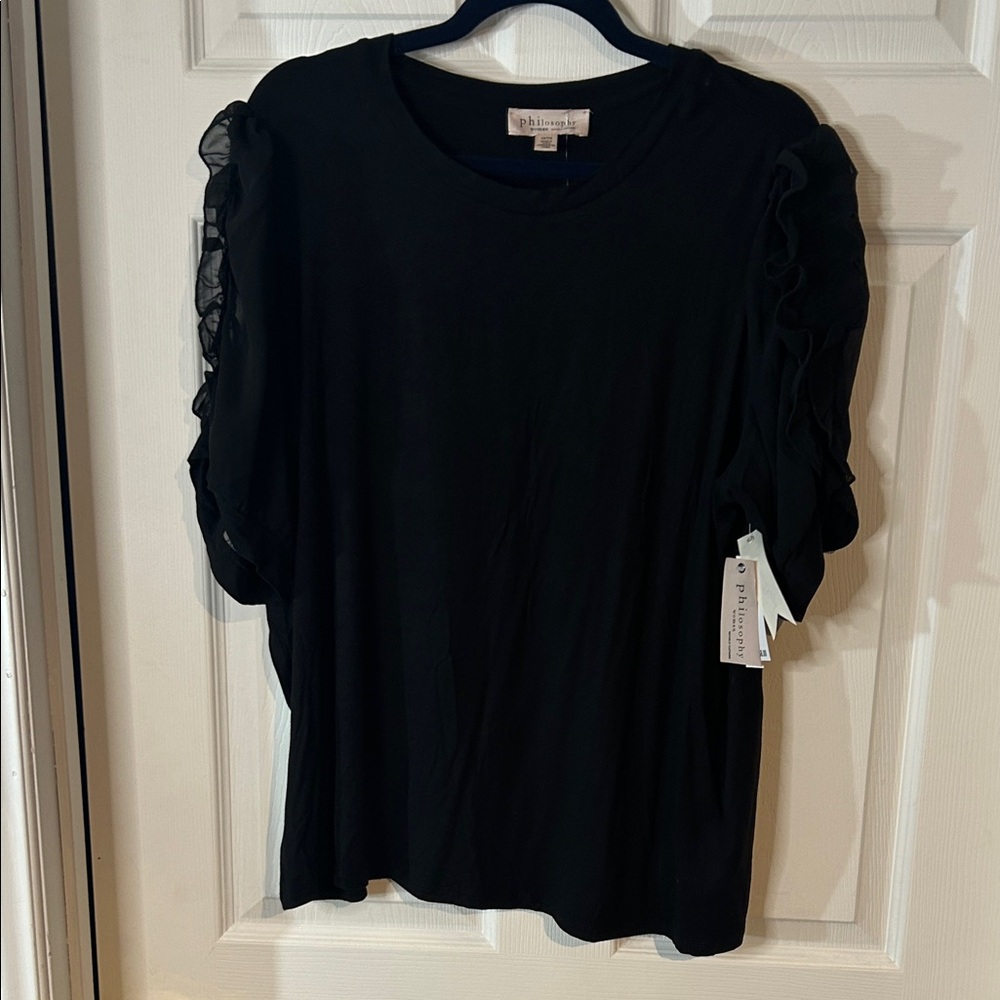 NWT size 1X Philosophy Black Short sheer Sleeve Top with Ruffles